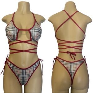 Plaid Strappy Bikini Set - burgandy Trim . Exotic dance wear . Festival fashion